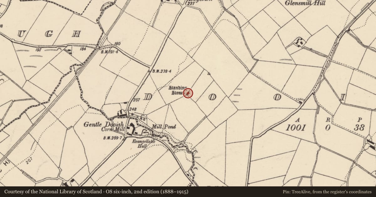 Ordnance Survey six-inch map, 2nd edition (1888–1915) covering the location of Megalithic tomb - unclassified, Dooish, County Donegal, with a pin at the register's coordinates