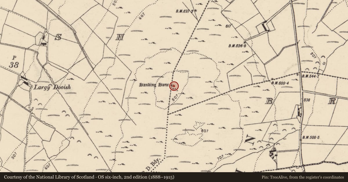 Ordnance Survey six-inch map, 2nd edition (1888–1915) covering the location of Standing stone, Dooish, Listicall Upper, County Donegal, with a pin at the register's coordinates