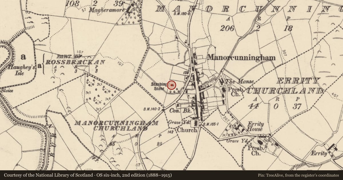 Ordnance Survey six-inch map, 2nd edition (1888–1915) covering the location of Standing stone, Manorcunningham, County Donegal, with a pin at the register's coordinates