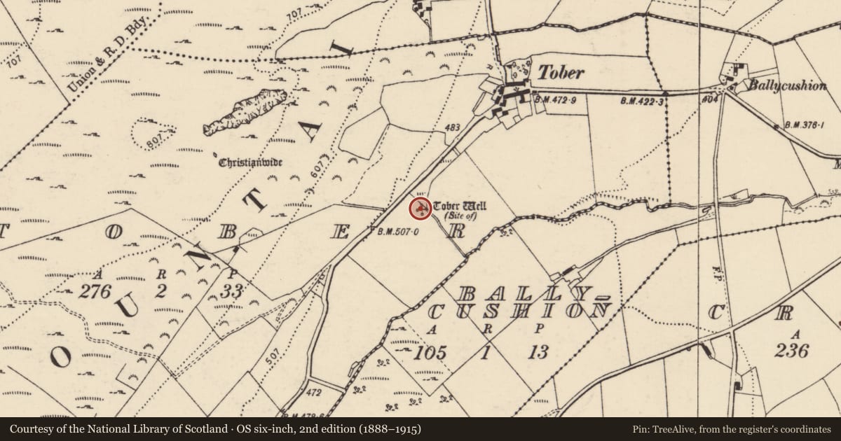 Ordnance Survey six-inch map, 2nd edition (1888–1915) covering the location of Ritual site - holy well, Tober, County Donegal, with a pin at the register's coordinates