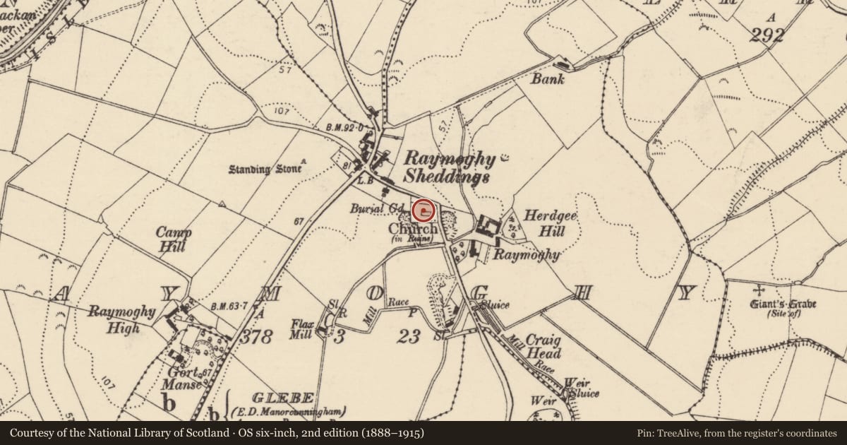 Ordnance Survey six-inch map, 2nd edition (1888–1915) covering the location of Graveyard, Raymoghy, County Donegal, with a pin at the register's coordinates