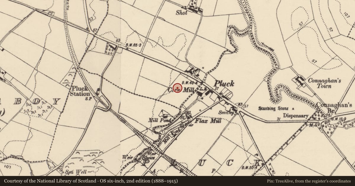 Ordnance Survey six-inch map, 2nd edition (1888–1915) covering the location of Standing stone, Rossbrackan, County Donegal, with a pin at the register's coordinates