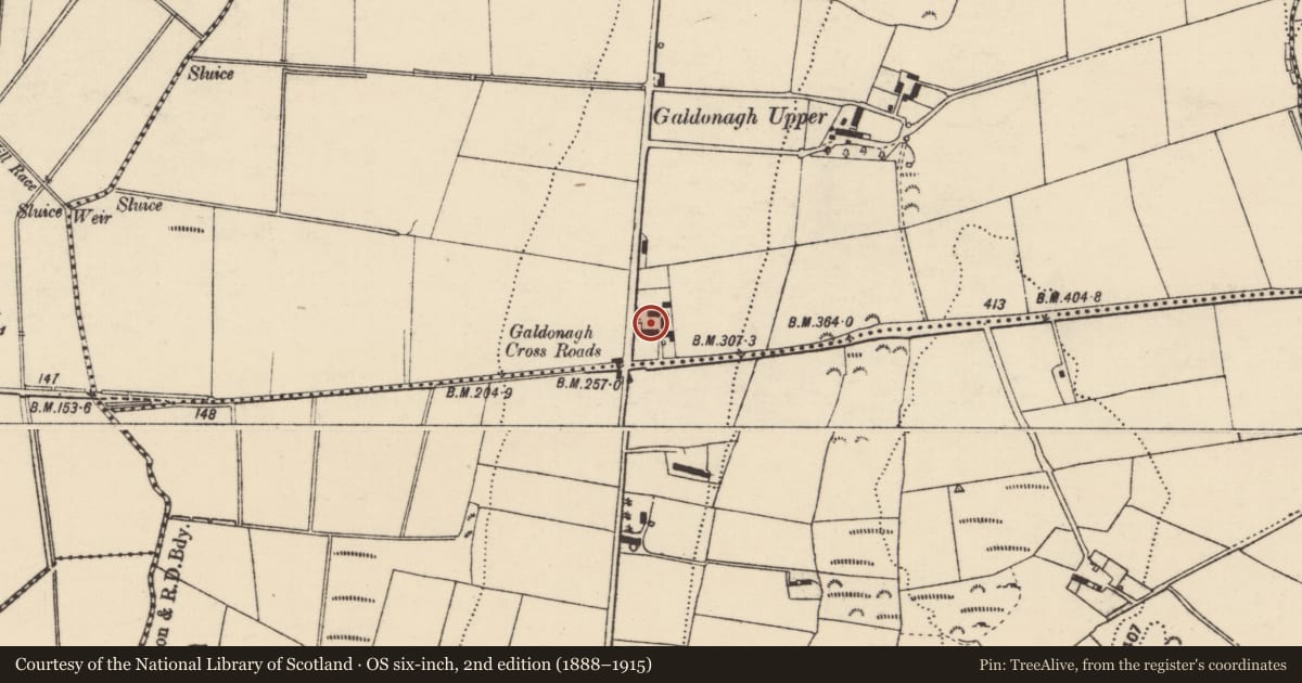 Ordnance Survey six-inch map, 2nd edition (1888–1915) covering the location of Bullaun stone, Galdonagh, County Donegal, with a pin at the register's coordinates