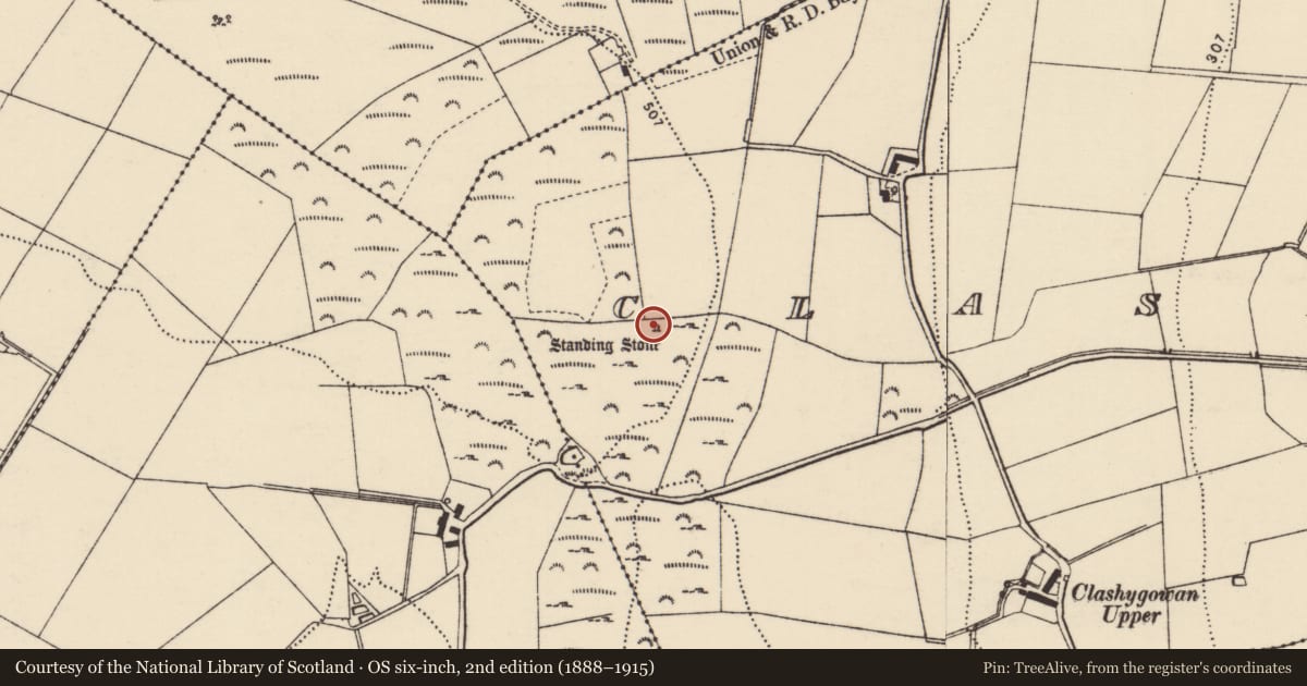 Ordnance Survey six-inch map, 2nd edition (1888–1915) covering the location of Standing stone, Clashygowan, County Donegal, with a pin at the register's coordinates