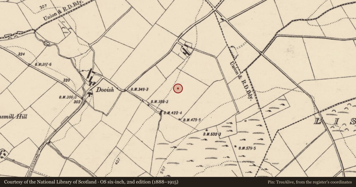 Ordnance Survey six-inch map, 2nd edition (1888–1915) covering the location of Souterrain, Dooish, County Donegal, with a pin at the register's coordinates