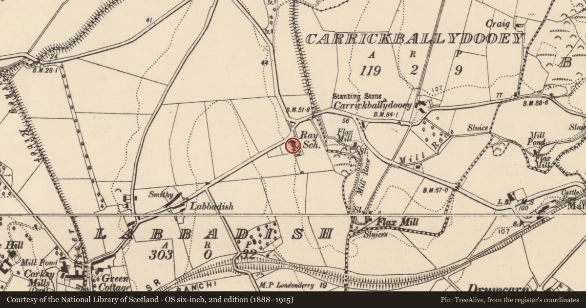 Ordnance Survey six-inch map, 2nd edition (1888–1915) covering the location of School, Labbadish, County Donegal, with a pin at the register's coordinates