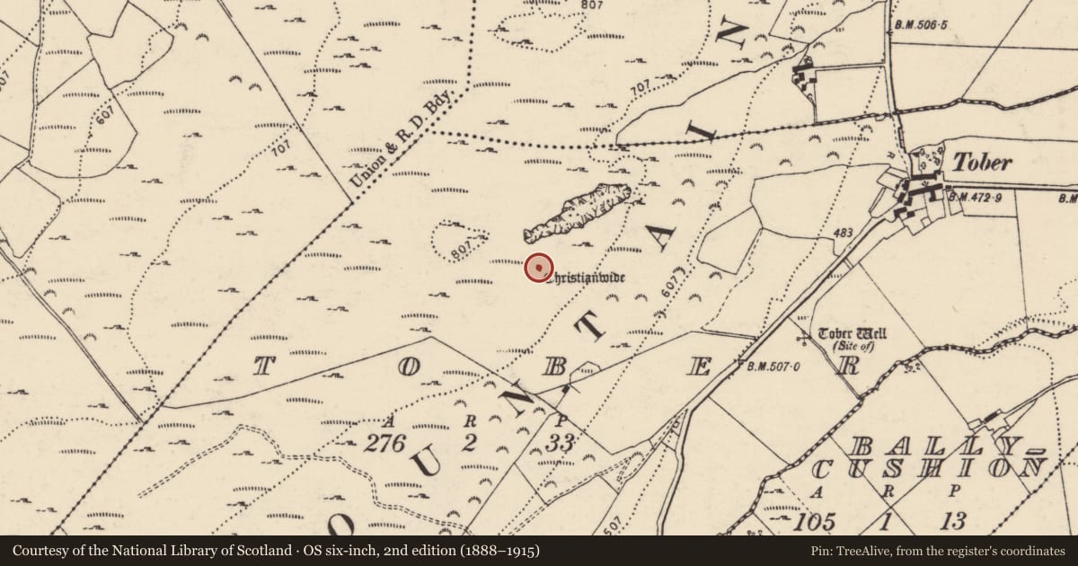 Ordnance Survey six-inch map, 2nd edition (1888–1915) covering the location of Standing stone, Tober, County Donegal, with a pin at the register's coordinates