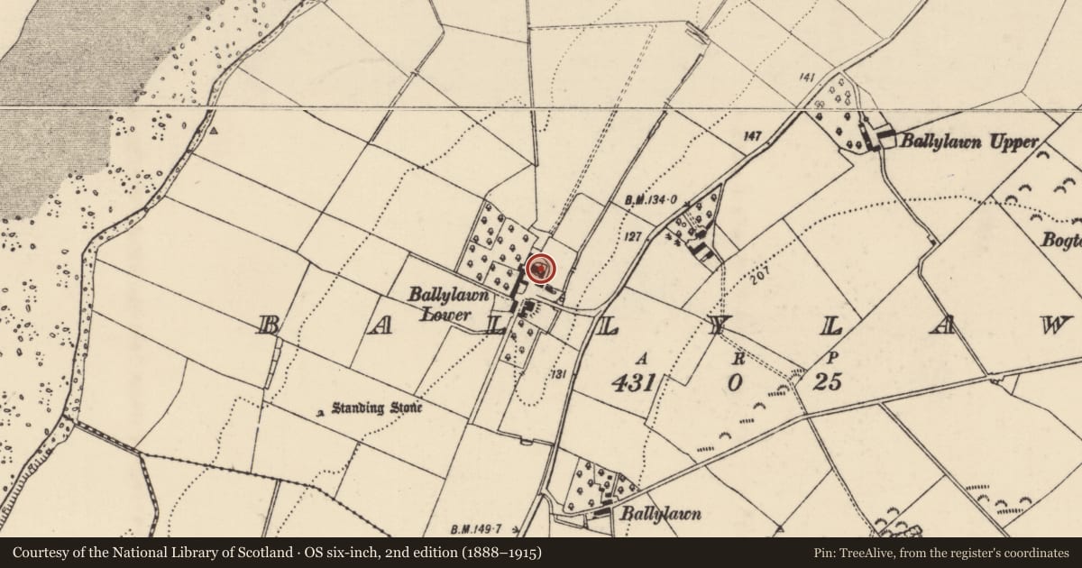 Ordnance Survey six-inch map, 2nd edition (1888–1915) covering the location of House - fortified house, Ballylawn, County Donegal, with a pin at the register's coordinates