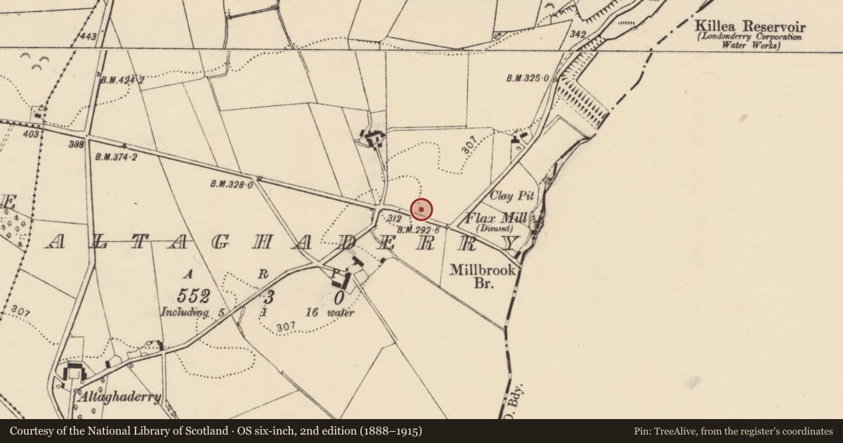 Ordnance Survey six-inch map, 2nd edition (1888–1915) covering the location of Standing stone, Altaghaderry, County Donegal, with a pin at the register's coordinates