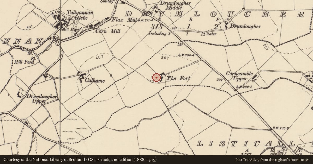 Ordnance Survey six-inch map, 2nd edition (1888–1915) covering the location of Enclosure, Corncamble, County Donegal, with a pin at the register's coordinates