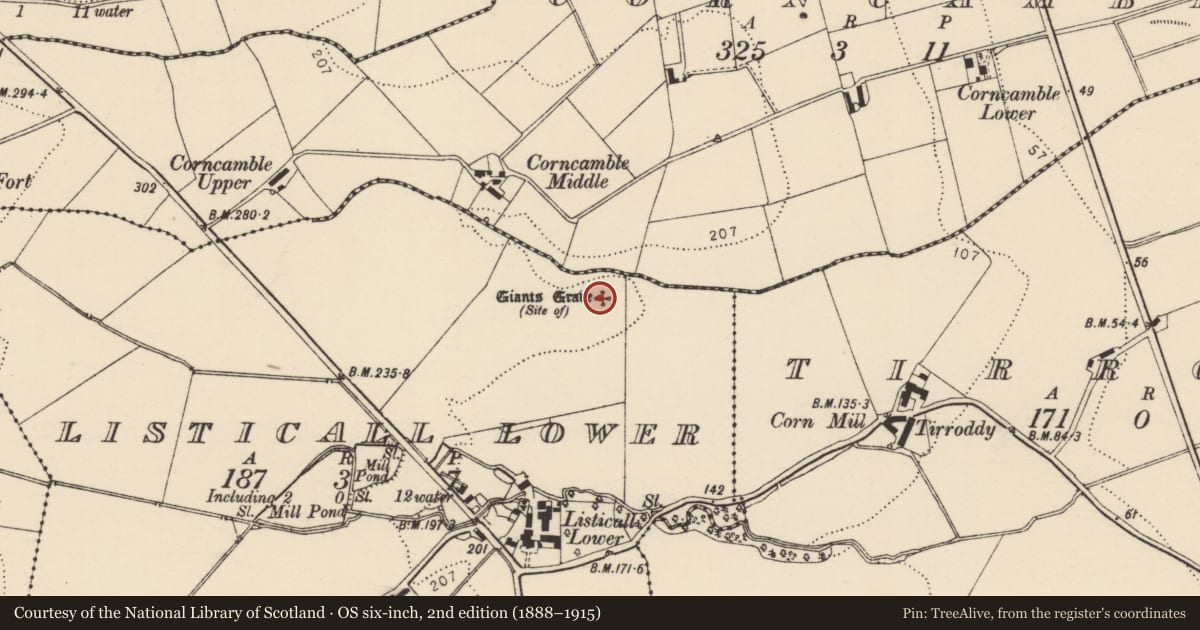 Ordnance Survey six-inch map, 2nd edition (1888–1915) covering the location of Megalithic tomb - unclassified, Listicall Lower, County Donegal, with a pin at the register's coordinates