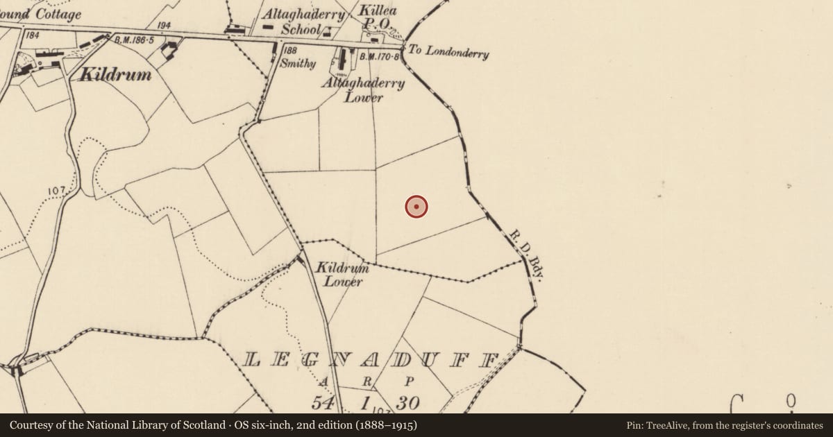 Ordnance Survey six-inch map, 2nd edition (1888–1915) covering the location of Ringfort - unclassified, Altaghaderry, County Donegal, with a pin at the register's coordinates