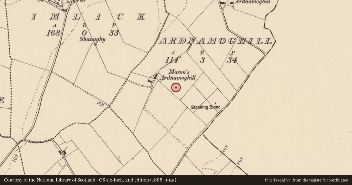 Ordnance Survey six-inch map, 2nd edition (1888–1915) covering the location of Cist, Ardnamoghill, County Donegal, with a pin at the register's coordinates