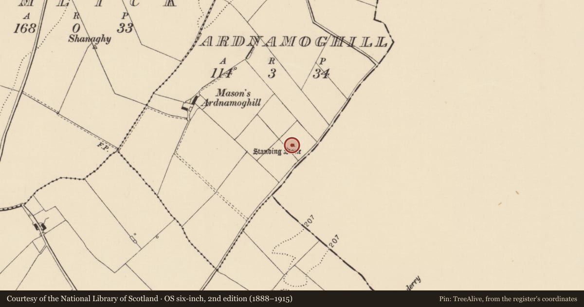 Ordnance Survey six-inch map, 2nd edition (1888–1915) covering the location of Standing stone, Ardnamoghill, County Donegal, with a pin at the register's coordinates