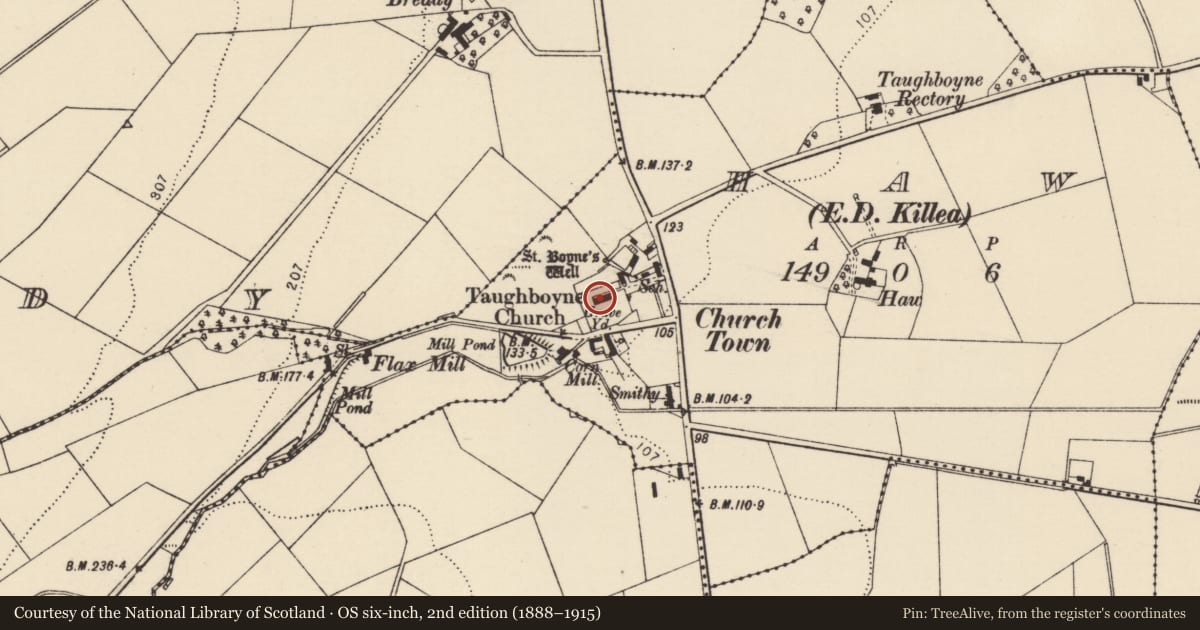 Ordnance Survey six-inch map, 2nd edition (1888–1915) covering the location of Church, Haw, County Donegal, with a pin at the register's coordinates