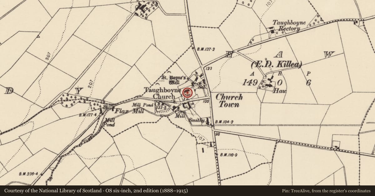 Ordnance Survey six-inch map, 2nd edition (1888–1915) covering the location of Graveyard, Haw, County Donegal, with a pin at the register's coordinates