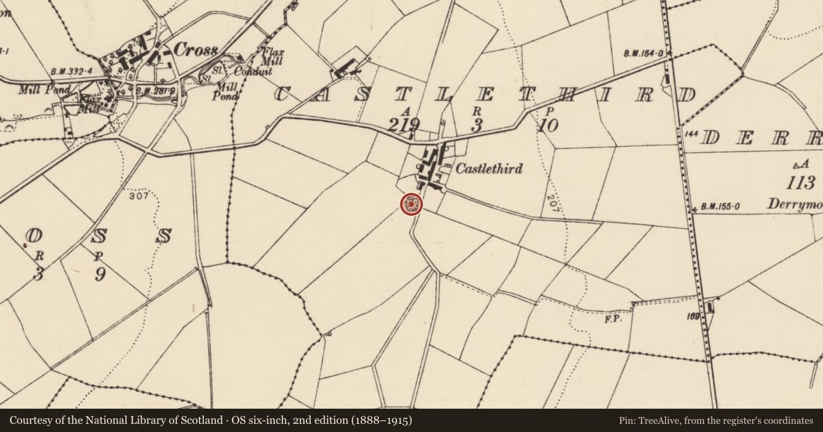 Ordnance Survey six-inch map, 2nd edition (1888–1915) covering the location of Ringfort - cashel, Castlethird, County Donegal, with a pin at the register's coordinates