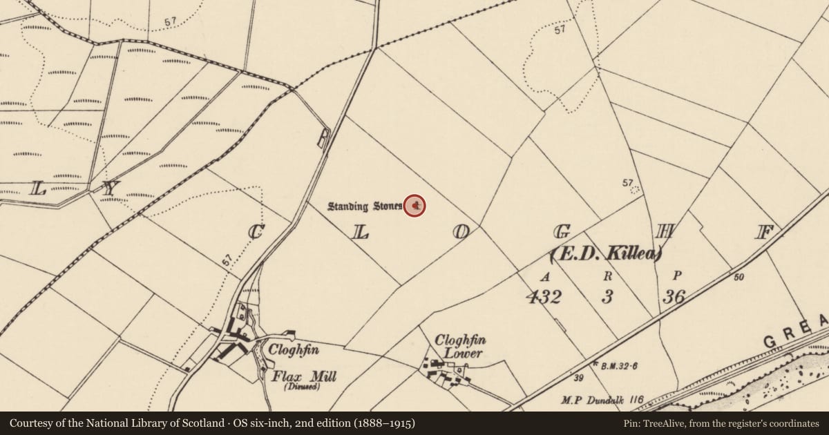 Ordnance Survey six-inch map, 2nd edition (1888–1915) covering the location of Standing stone, Cloghfin, County Donegal, with a pin at the register's coordinates