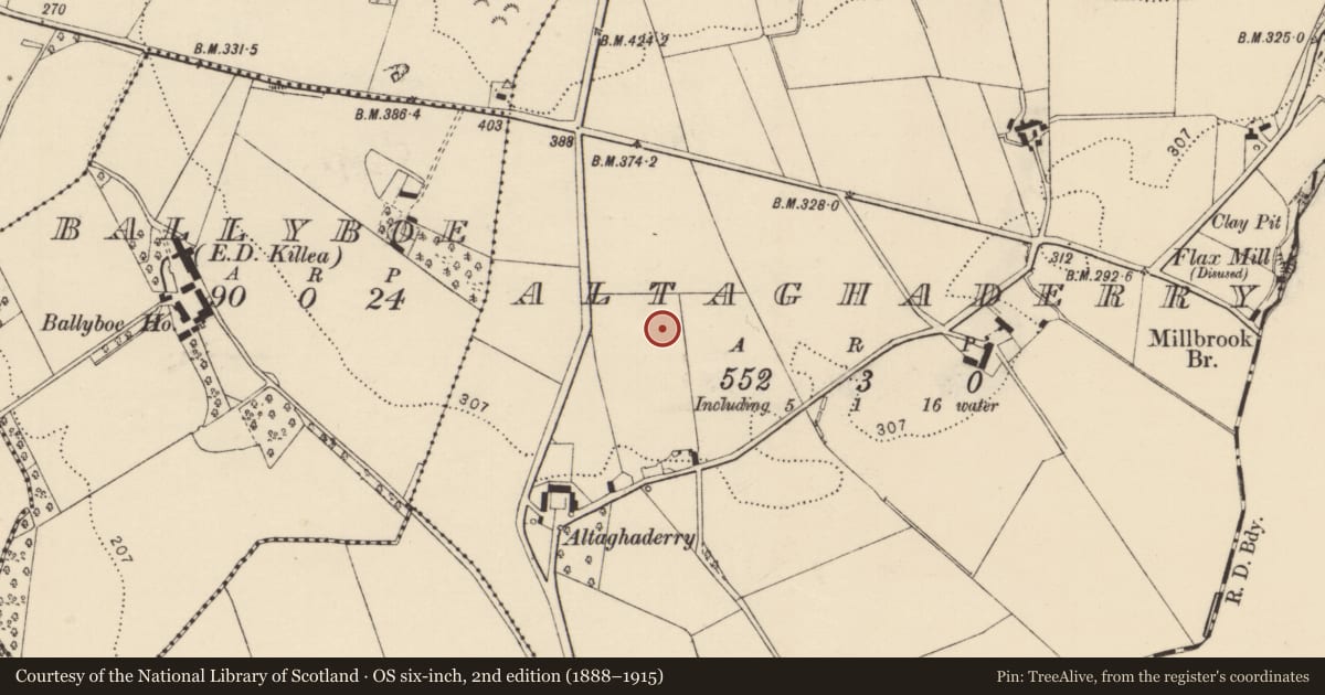 Ordnance Survey six-inch map, 2nd edition (1888–1915) covering the location of Cist, Altaghaderry, County Donegal, with a pin at the register's coordinates