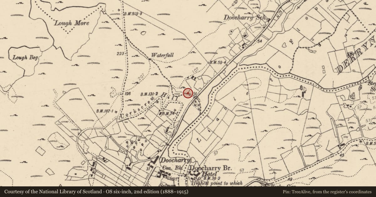 Ordnance Survey six-inch map, 2nd edition (1888–1915) covering the location of Ritual site - holy well, Doire Na Coradh, County Donegal, with a pin at the register's coordinates