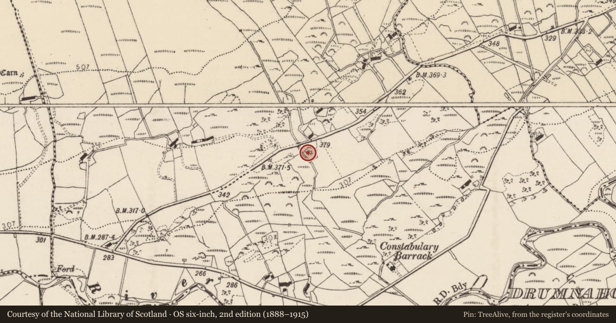 Ordnance Survey six-inch map, 2nd edition (1888–1915) covering the location of Mound, Breenagh, County Donegal, with a pin at the register's coordinates