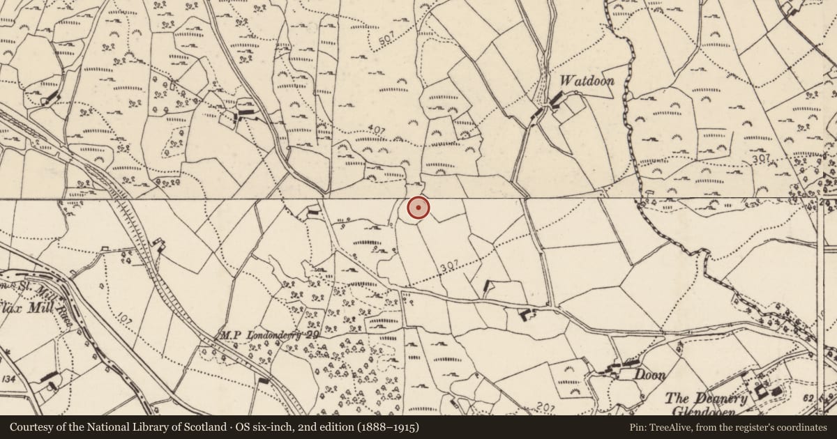 Ordnance Survey six-inch map, 2nd edition (1888–1915) covering the location of Ringfort - rath, Doon Glebe, County Donegal, with a pin at the register's coordinates