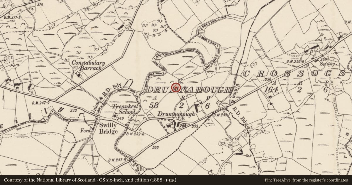 Ordnance Survey six-inch map, 2nd edition (1888–1915) covering the location of Standing stone, Drumnahough, County Donegal, with a pin at the register's coordinates