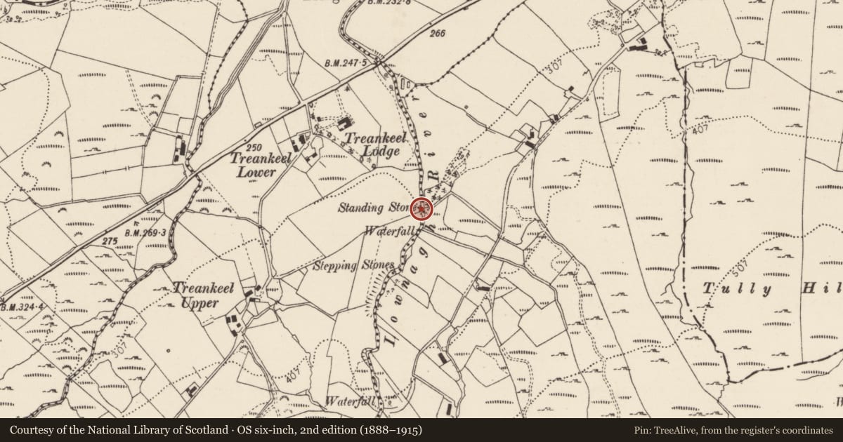 Ordnance Survey six-inch map, 2nd edition (1888–1915) covering the location of Standing stone, Treankeel, County Donegal, with a pin at the register's coordinates