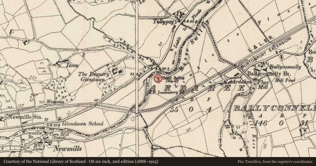 Ordnance Survey six-inch map, 2nd edition (1888–1915) covering the location of Castle - unclassified, Ardahee, County Donegal, with a pin at the register's coordinates