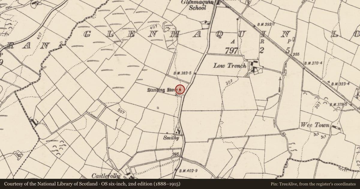 Ordnance Survey six-inch map, 2nd edition (1888–1915) covering the location of Standing stone, Glenmaquin Lower, County Donegal, with a pin at the register's coordinates