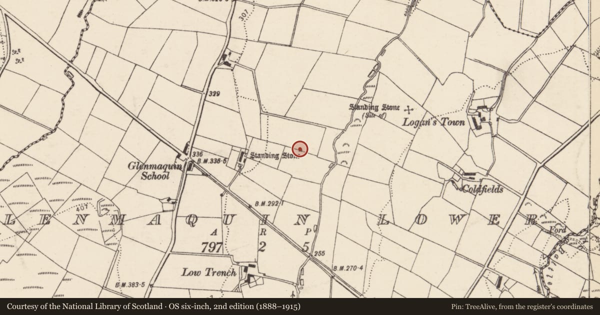 Ordnance Survey six-inch map, 2nd edition (1888–1915) covering the location of Standing stone, Glenmaquin Lower, County Donegal, with a pin at the register's coordinates