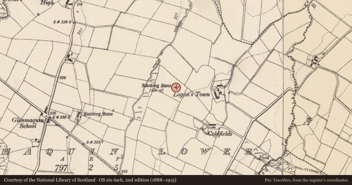 Ordnance Survey six-inch map, 2nd edition (1888–1915) covering the location of Standing stone, Glenmaquin Lower, County Donegal, with a pin at the register's coordinates