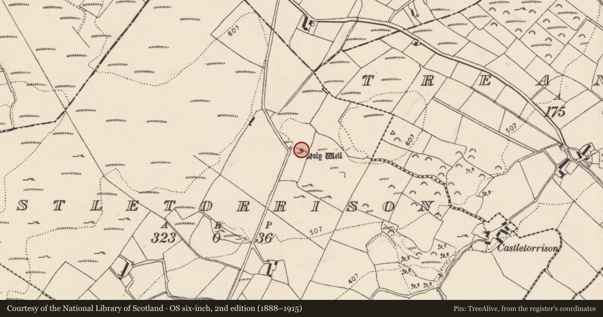 Ordnance Survey six-inch map, 2nd edition (1888–1915) covering the location of Ritual site - holy well, Castletorrison, County Donegal, with a pin at the register's coordinates
