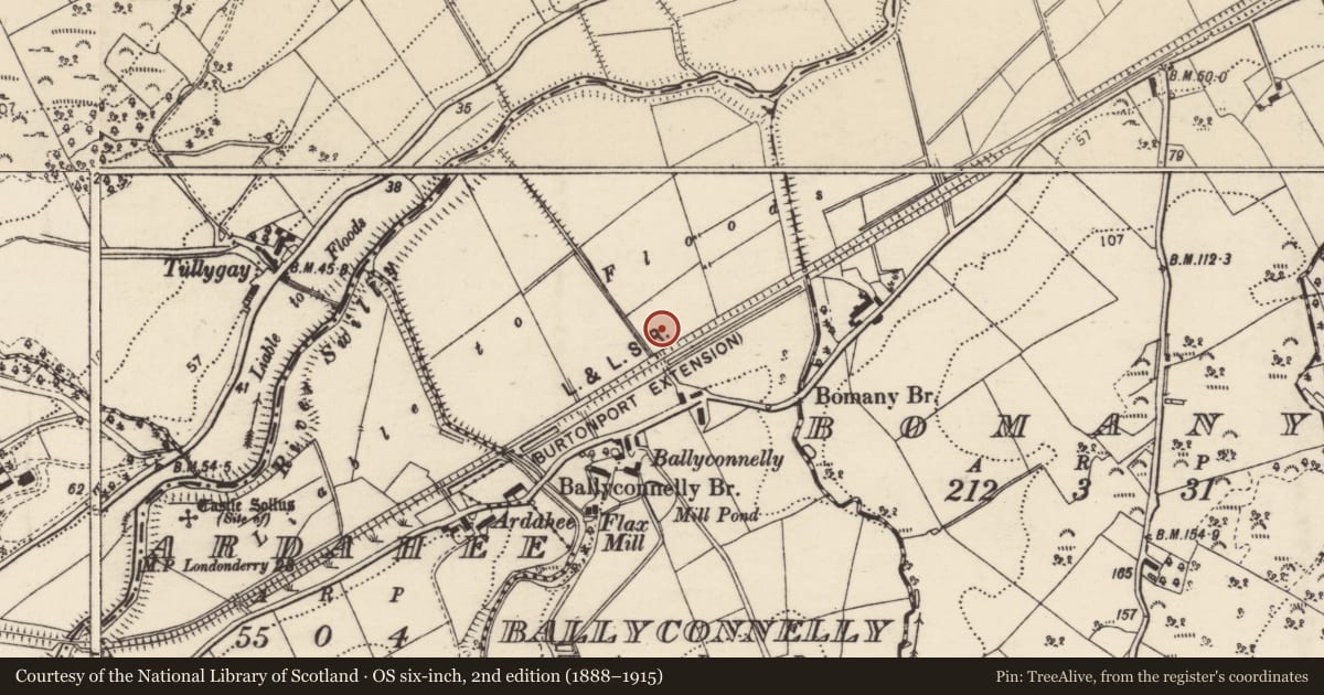 Ordnance Survey six-inch map, 2nd edition (1888–1915) covering the location of Battlefield, County Donegal, with a pin at the register's coordinates