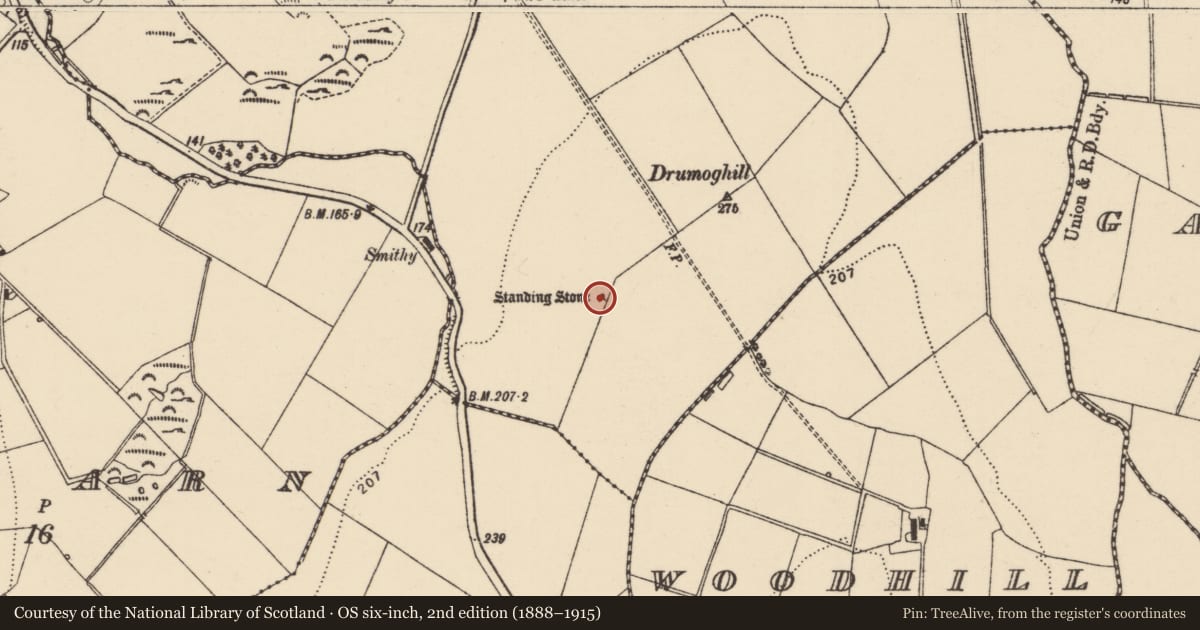 Ordnance Survey six-inch map, 2nd edition (1888–1915) covering the location of Standing stone, Droim Eochaille, County Donegal, with a pin at the register's coordinates