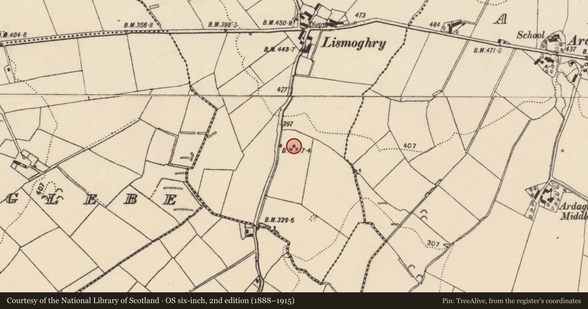 Ordnance Survey six-inch map, 2nd edition (1888–1915) covering the location of Ringfort - unclassified, Lismoghry, County Donegal, with a pin at the register's coordinates