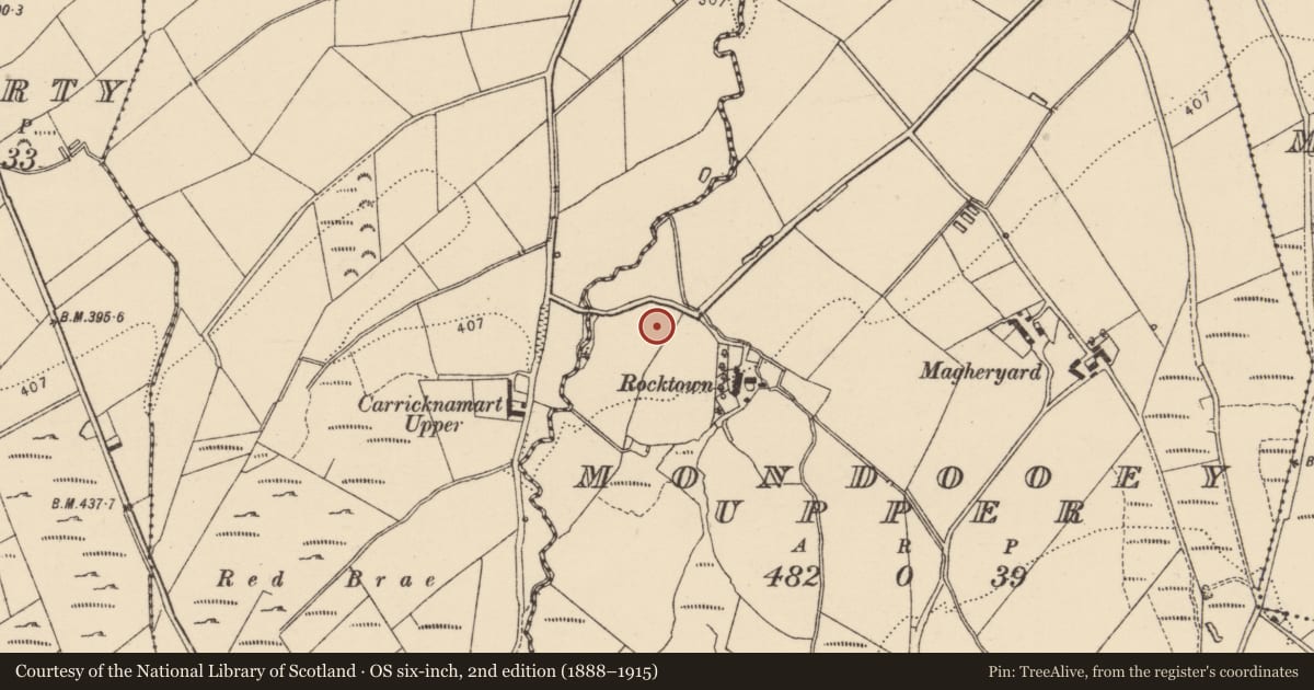 Ordnance Survey six-inch map, 2nd edition (1888–1915) covering the location of Enclosure, Mondooey Upper, County Donegal, with a pin at the register's coordinates