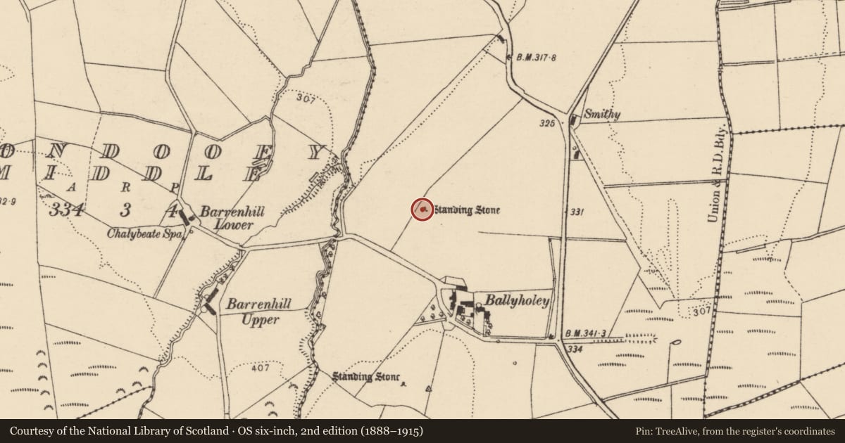 Ordnance Survey six-inch map, 2nd edition (1888–1915) covering the location of Standing stone, Ballyholey Far, County Donegal, with a pin at the register's coordinates