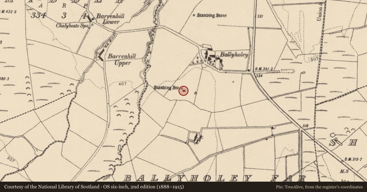 Ordnance Survey six-inch map, 2nd edition (1888–1915) covering the location of Standing stone, Ballyholey Far, County Donegal, with a pin at the register's coordinates