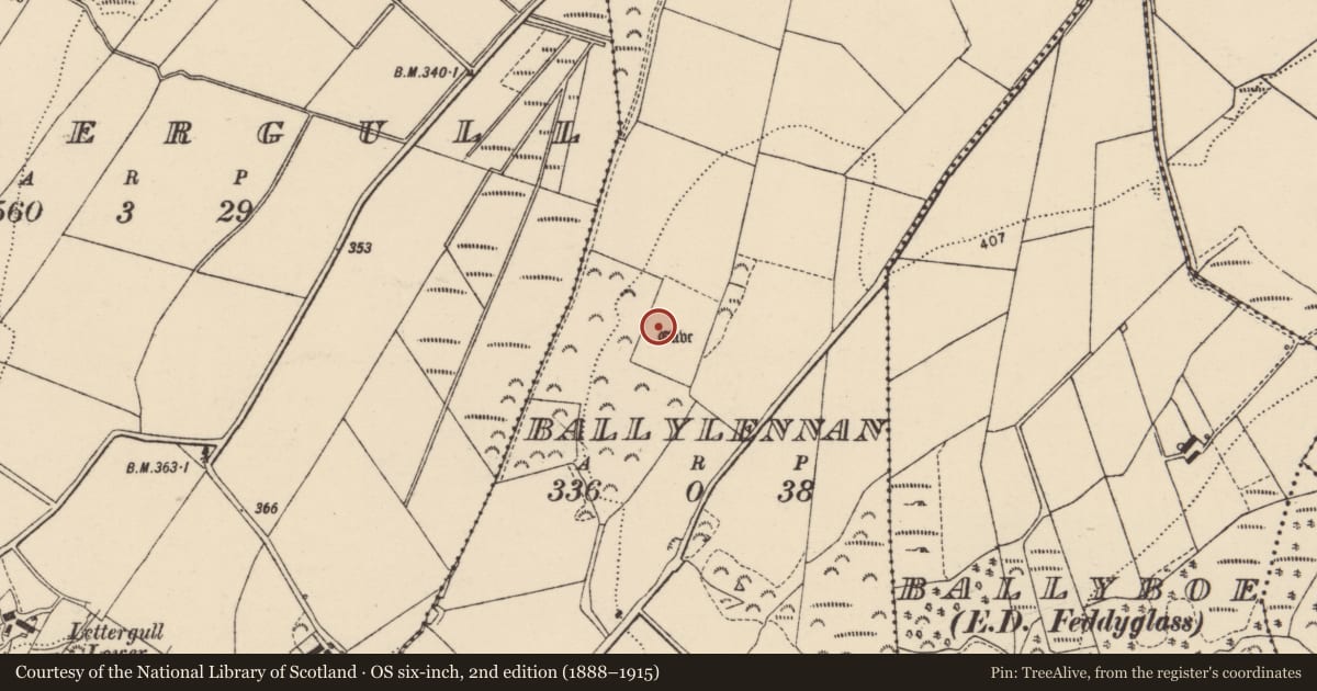 Ordnance Survey six-inch map, 2nd edition (1888–1915) covering the location of Souterrain, Ballylennan, County Donegal, with a pin at the register's coordinates