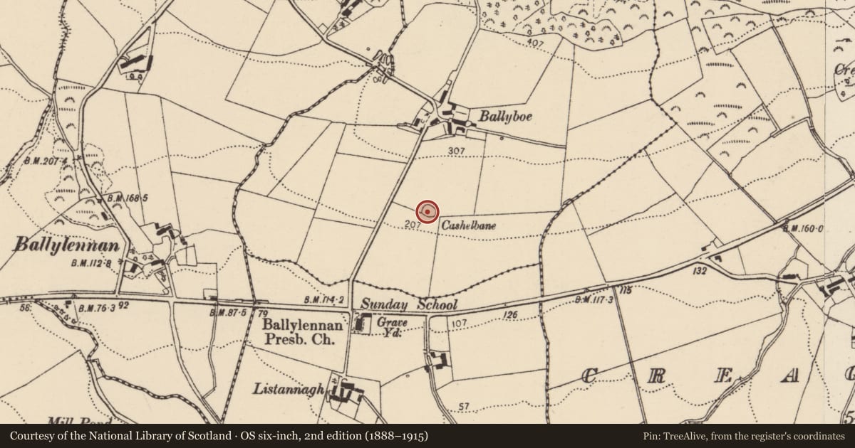 Ordnance Survey six-inch map, 2nd edition (1888–1915) covering the location of Ringfort - cashel, Baile Na Bó, County Donegal, with a pin at the register's coordinates