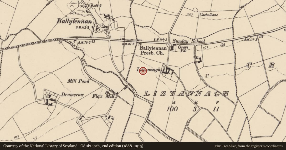 Ordnance Survey six-inch map, 2nd edition (1888–1915) covering the location of Souterrain, Listannagh, County Donegal, with a pin at the register's coordinates