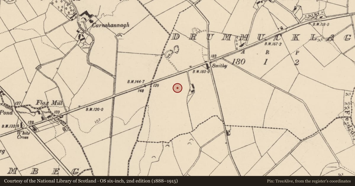 Ordnance Survey six-inch map, 2nd edition (1888–1915) covering the location of Enclosure, Drummucklagh, County Donegal, with a pin at the register's coordinates