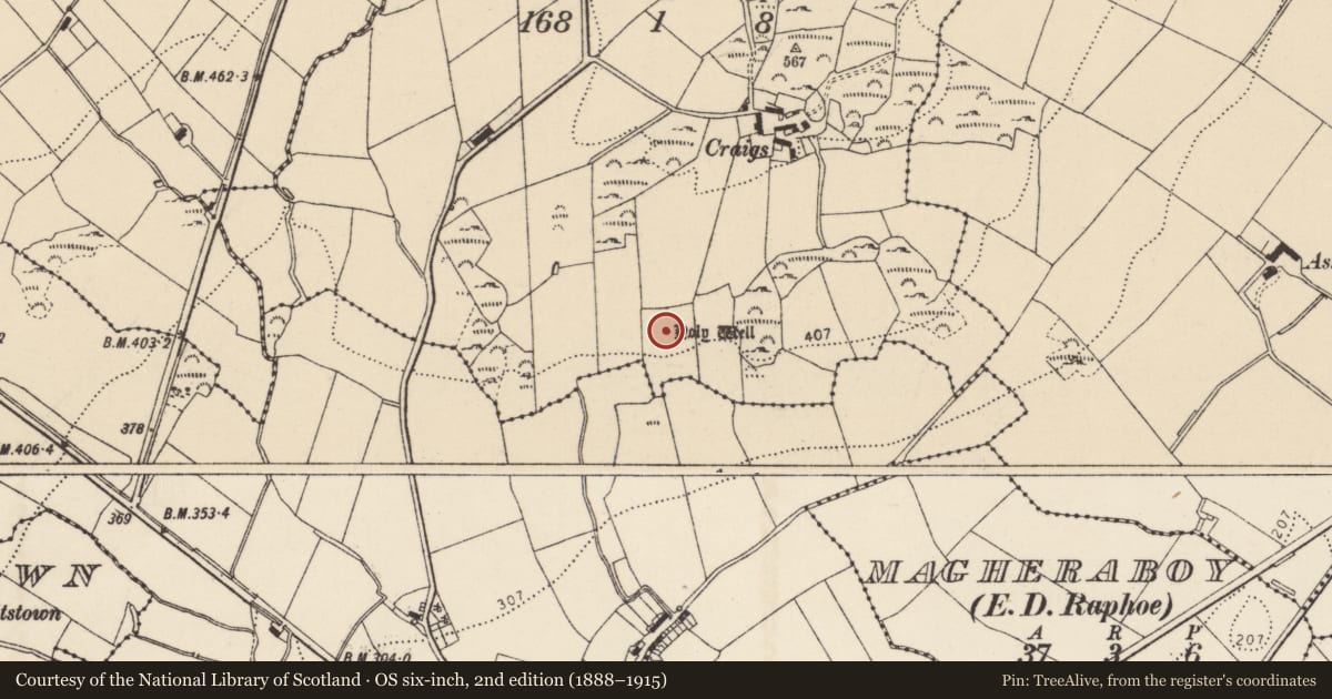 Ordnance Survey six-inch map, 2nd edition (1888–1915) covering the location of Ritual site - holy well, Craigs, County Donegal, with a pin at the register's coordinates