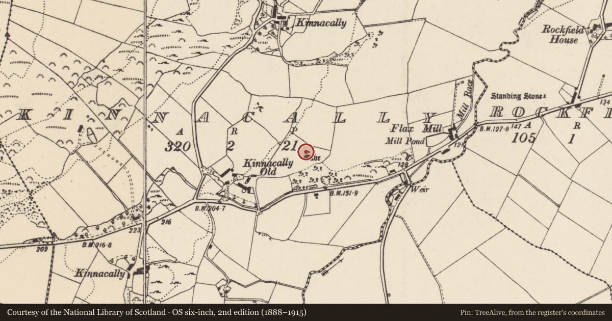 Ordnance Survey six-inch map, 2nd edition (1888–1915) covering the location of Souterrain, Kinnacally, County Donegal, with a pin at the register's coordinates