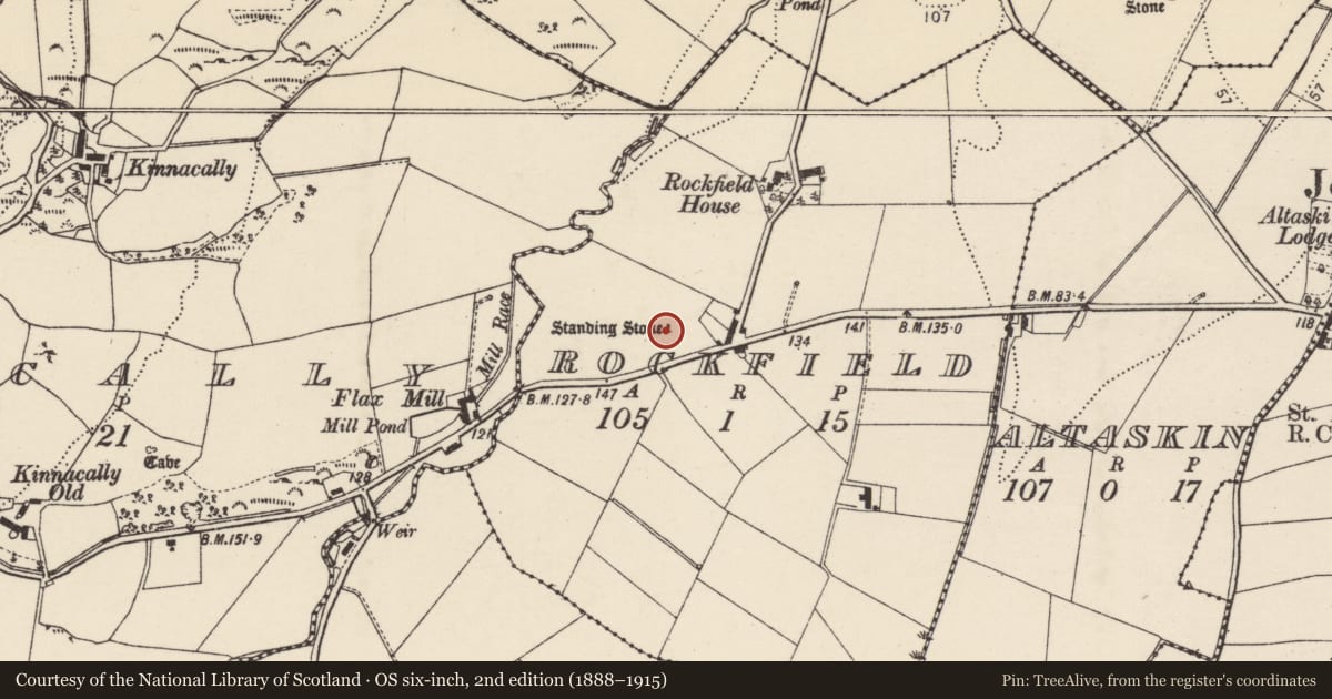 Ordnance Survey six-inch map, 2nd edition (1888–1915) covering the location of Standing stone, Rockfield, County Donegal, with a pin at the register's coordinates
