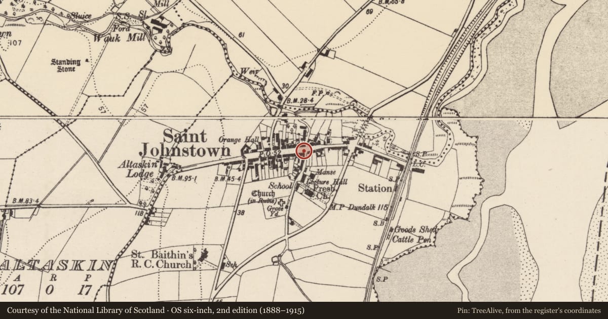Ordnance Survey six-inch map, 2nd edition (1888–1915) covering the location of Historic town, Saintjohnstown, County Donegal, with a pin at the register's coordinates