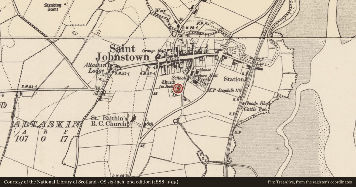 Ordnance Survey six-inch map, 2nd edition (1888–1915) covering the location of Church, Saintjohnstown, County Donegal, with a pin at the register's coordinates