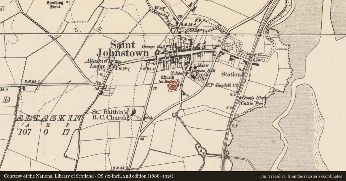 Ordnance Survey six-inch map, 2nd edition (1888–1915) covering the location of Graveyard, Saintjohnstown, County Donegal, with a pin at the register's coordinates