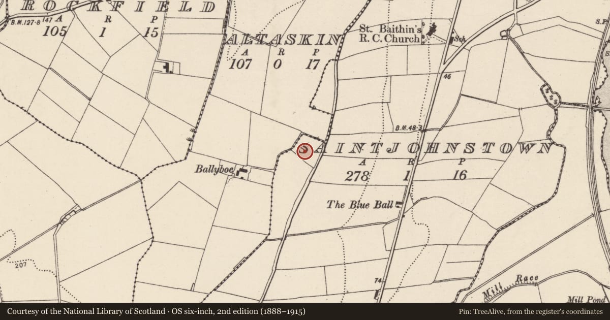 Ordnance Survey six-inch map, 2nd edition (1888–1915) covering the location of Souterrain, Saintjohnstown, County Donegal, with a pin at the register's coordinates
